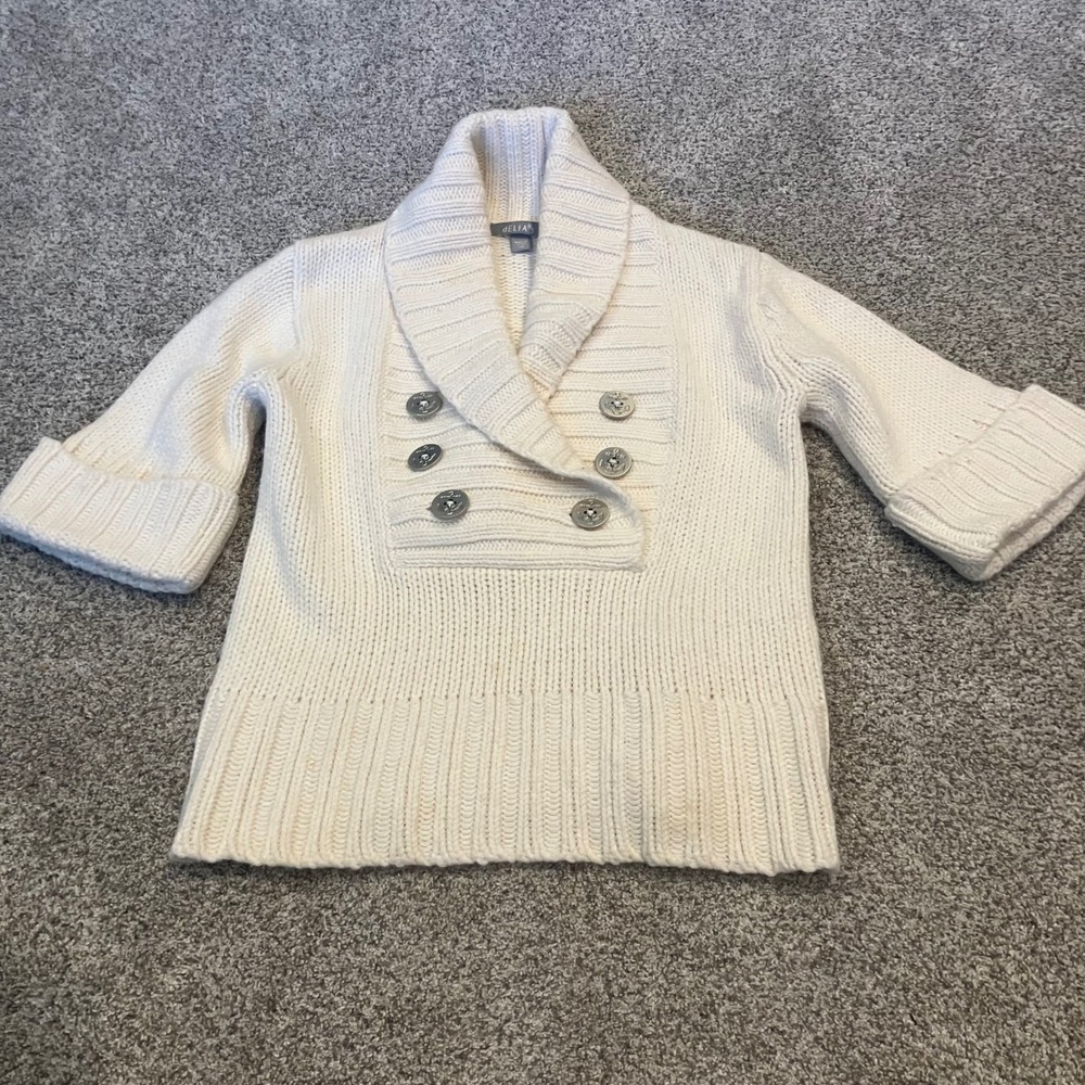 Cream Nautical Shawl Collar Sweater Silver Anchor Buttons XS Sailorcore Coastal